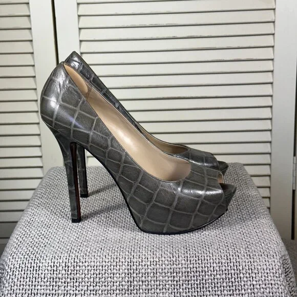 Enzo Angiolini Women's Tanen Grey Leather Peep Croc Stiletto Heel Pumps Size 8 M - Picture 2 of 11